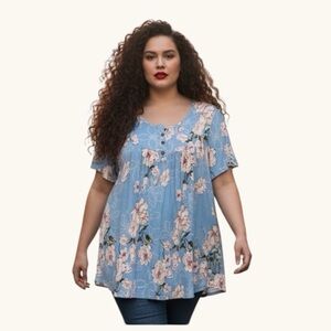 POPYOUNG Blue & Pink Floral Babydoll Tunic Top - Size 2XL